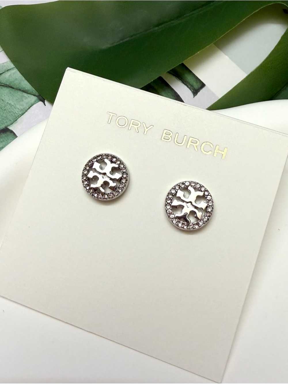 Tory Burch Silver Logo Crystal Round Stud Earrings